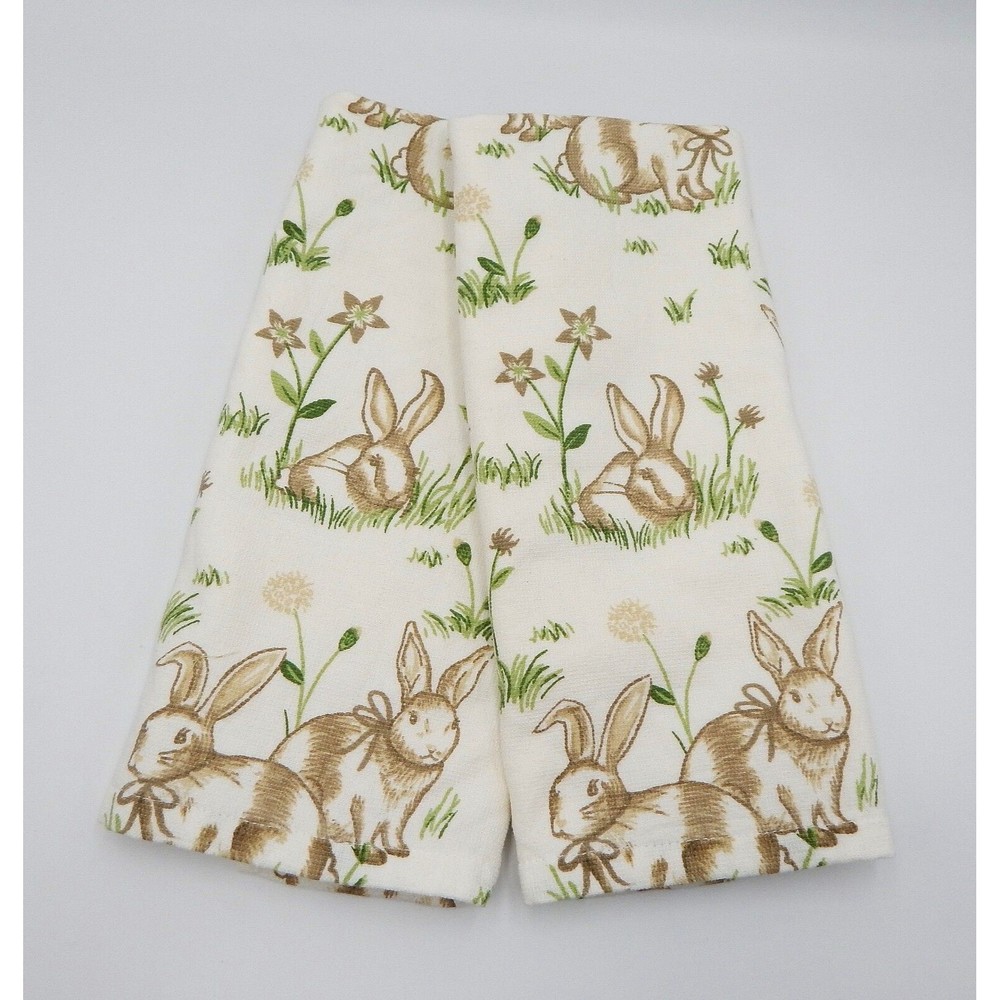Casaba Easter Bunny Brown Rabbit Floral Kitchen Dish Towels White Terrycloth 2PC